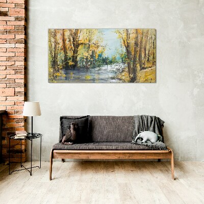 Autumn scenery by the river Glass Wall Art