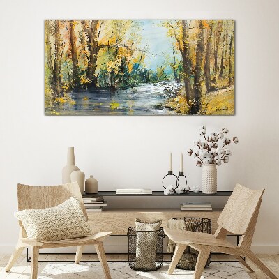 Autumn scenery by the river Glass Wall Art