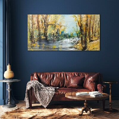Autumn scenery by the river Glass Wall Art