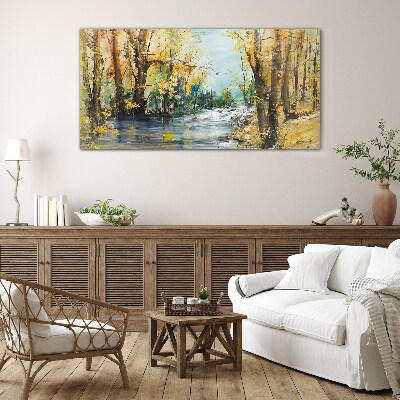 Autumn scenery by the river Glass Wall Art