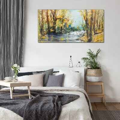 Autumn scenery by the river Glass Wall Art