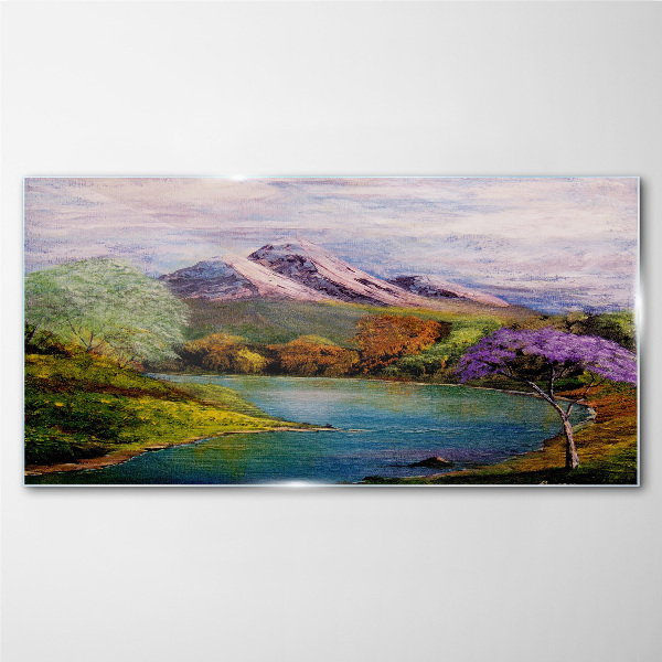 Mountain landscape with a lake Glass Print