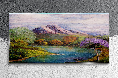 Mountain landscape with a lake Glass Print