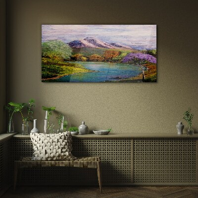 Mountain landscape with a lake Glass Print