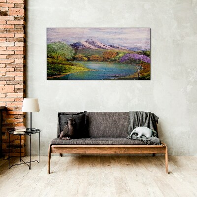 Mountain landscape with a lake Glass Print