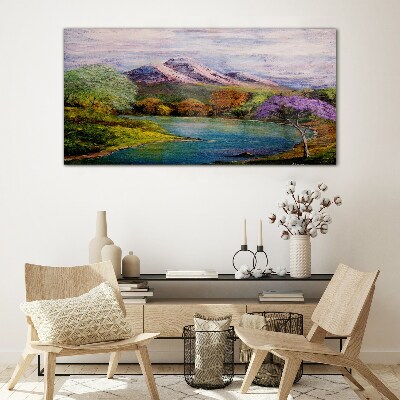 Mountain landscape with a lake Glass Print