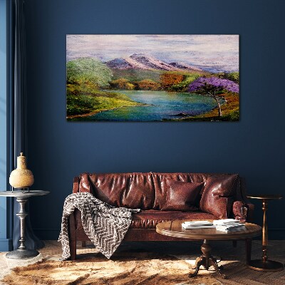 Mountain landscape with a lake Glass Print