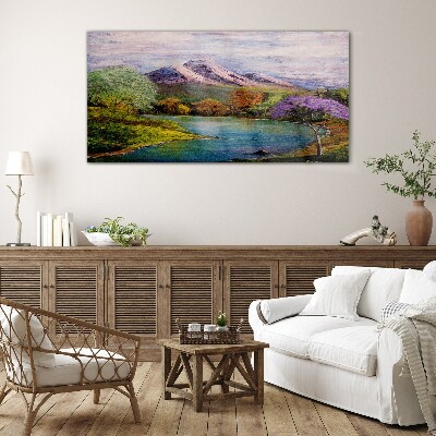 Mountain landscape with a lake Glass Print