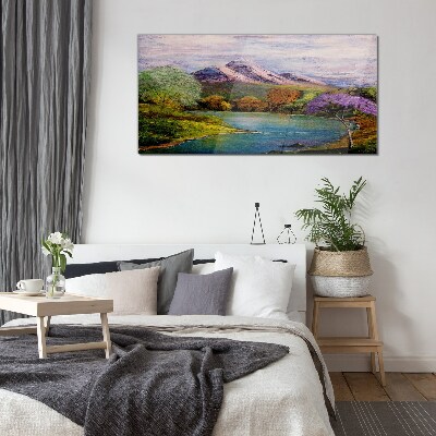 Mountain landscape with a lake Glass Print
