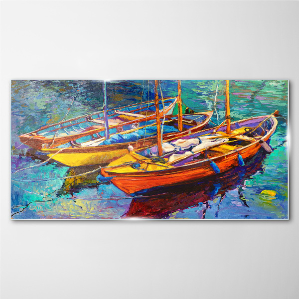 Colorful boats on calm water Glass Wall Art