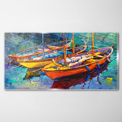 Colorful boats on calm water Glass Wall Art