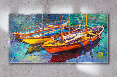 Colorful boats on calm water Glass Wall Art