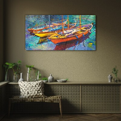 Colorful boats on calm water Glass Wall Art