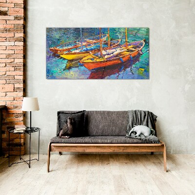 Colorful boats on calm water Glass Wall Art