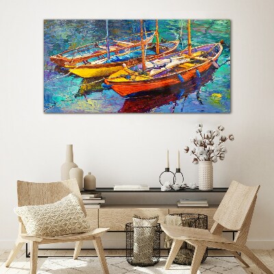 Colorful boats on calm water Glass Wall Art
