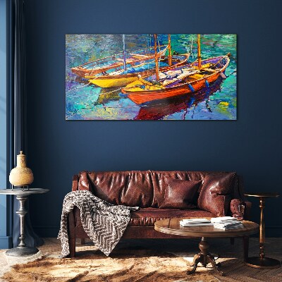 Colorful boats on calm water Glass Wall Art