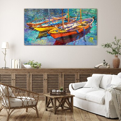 Colorful boats on calm water Glass Wall Art