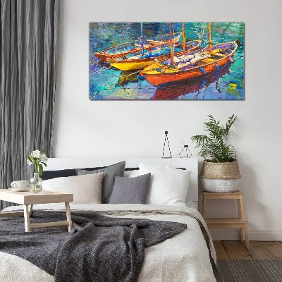 Colorful boats on calm water Glass Wall Art