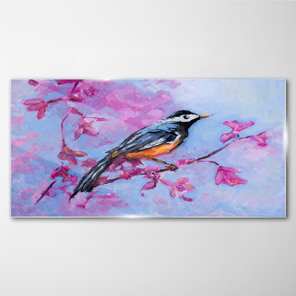 Spring bird on pink branches Glass Wall Art