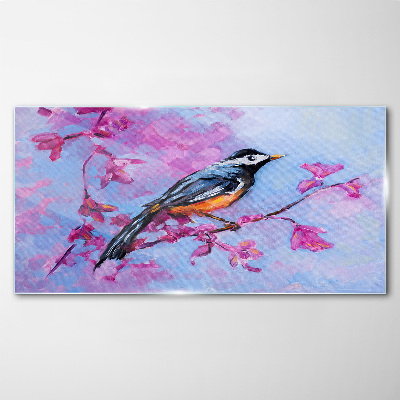 Spring bird on pink branches Glass Wall Art