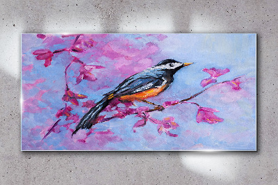 Spring bird on pink branches Glass Wall Art