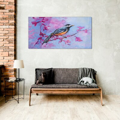 Spring bird on pink branches Glass Wall Art