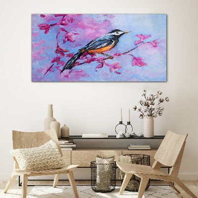 Spring bird on pink branches Glass Wall Art