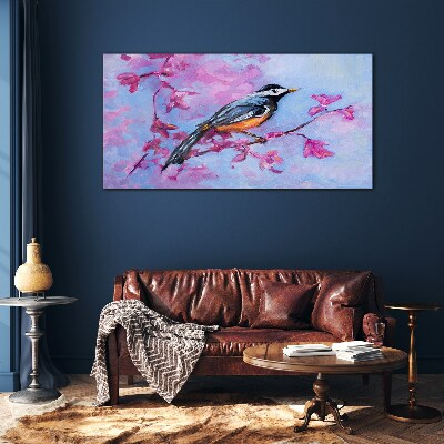 Spring bird on pink branches Glass Wall Art