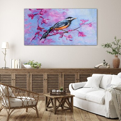 Spring bird on pink branches Glass Wall Art