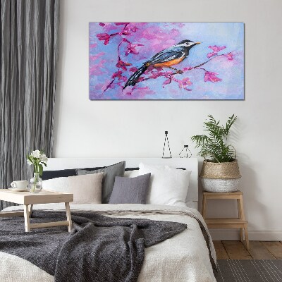 Spring bird on pink branches Glass Wall Art
