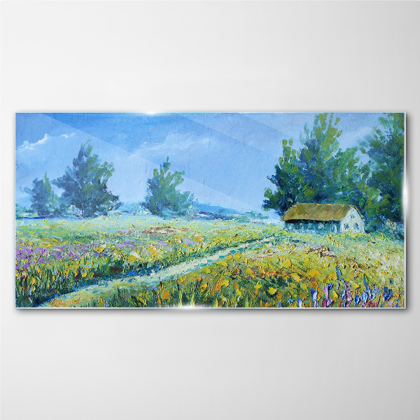 Summer landscape with a house in the field Glass Wall Art