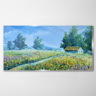Summer landscape with a house in the field Glass Wall Art