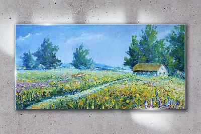 Summer landscape with a house in the field Glass Wall Art
