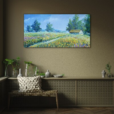 Summer landscape with a house in the field Glass Wall Art