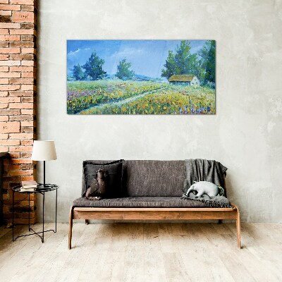 Summer landscape with a house in the field Glass Wall Art