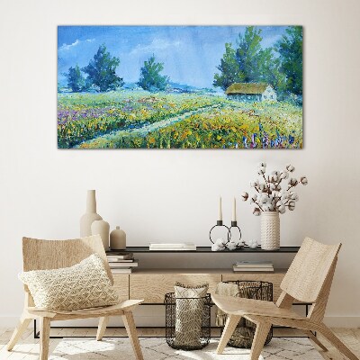 Summer landscape with a house in the field Glass Wall Art
