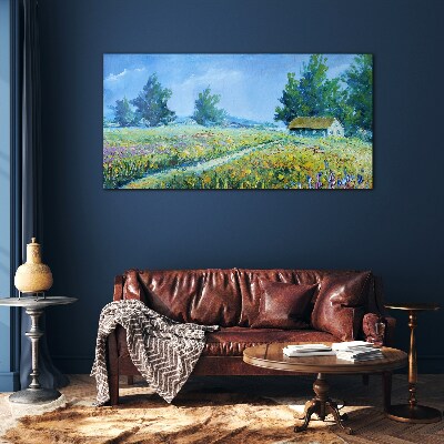 Summer landscape with a house in the field Glass Wall Art