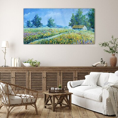 Summer landscape with a house in the field Glass Wall Art