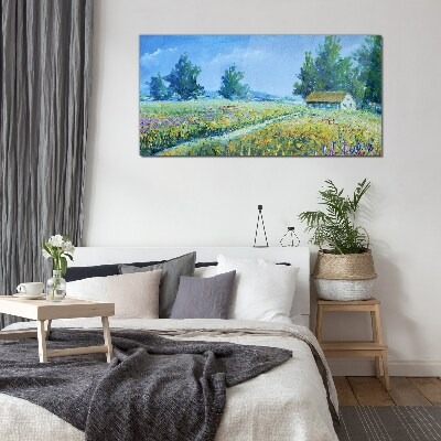 Summer landscape with a house in the field Glass Wall Art