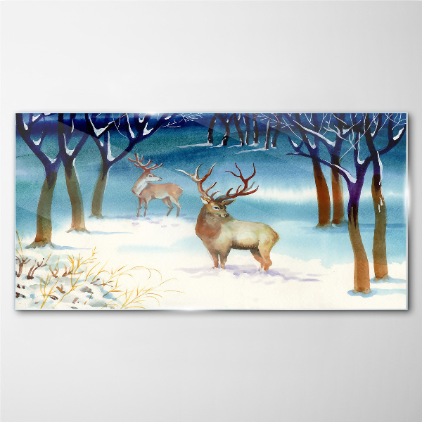 Winter landscape with a deer Glass Wall Art