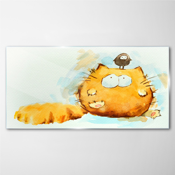 Cat with a bird Glass Wall Art