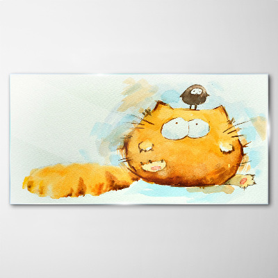 Cat with a bird Glass Wall Art
