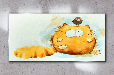 Cat with a bird Glass Wall Art
