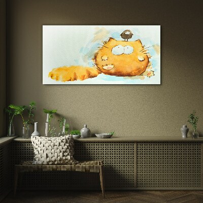 Cat with a bird Glass Wall Art