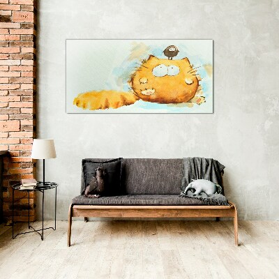 Cat with a bird Glass Wall Art
