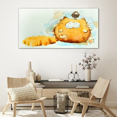 Cat with a bird Glass Wall Art