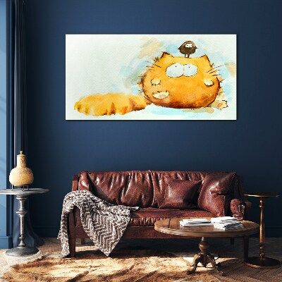 Cat with a bird Glass Wall Art