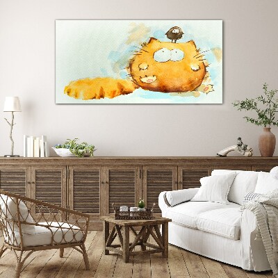 Cat with a bird Glass Wall Art