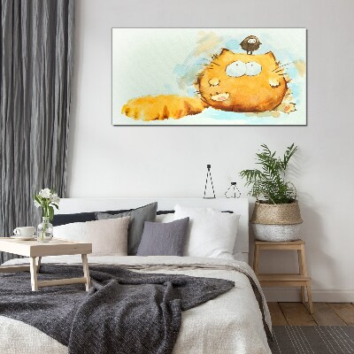 Cat with a bird Glass Wall Art