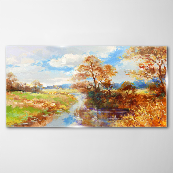 Autumn scenery by the river Glass Print